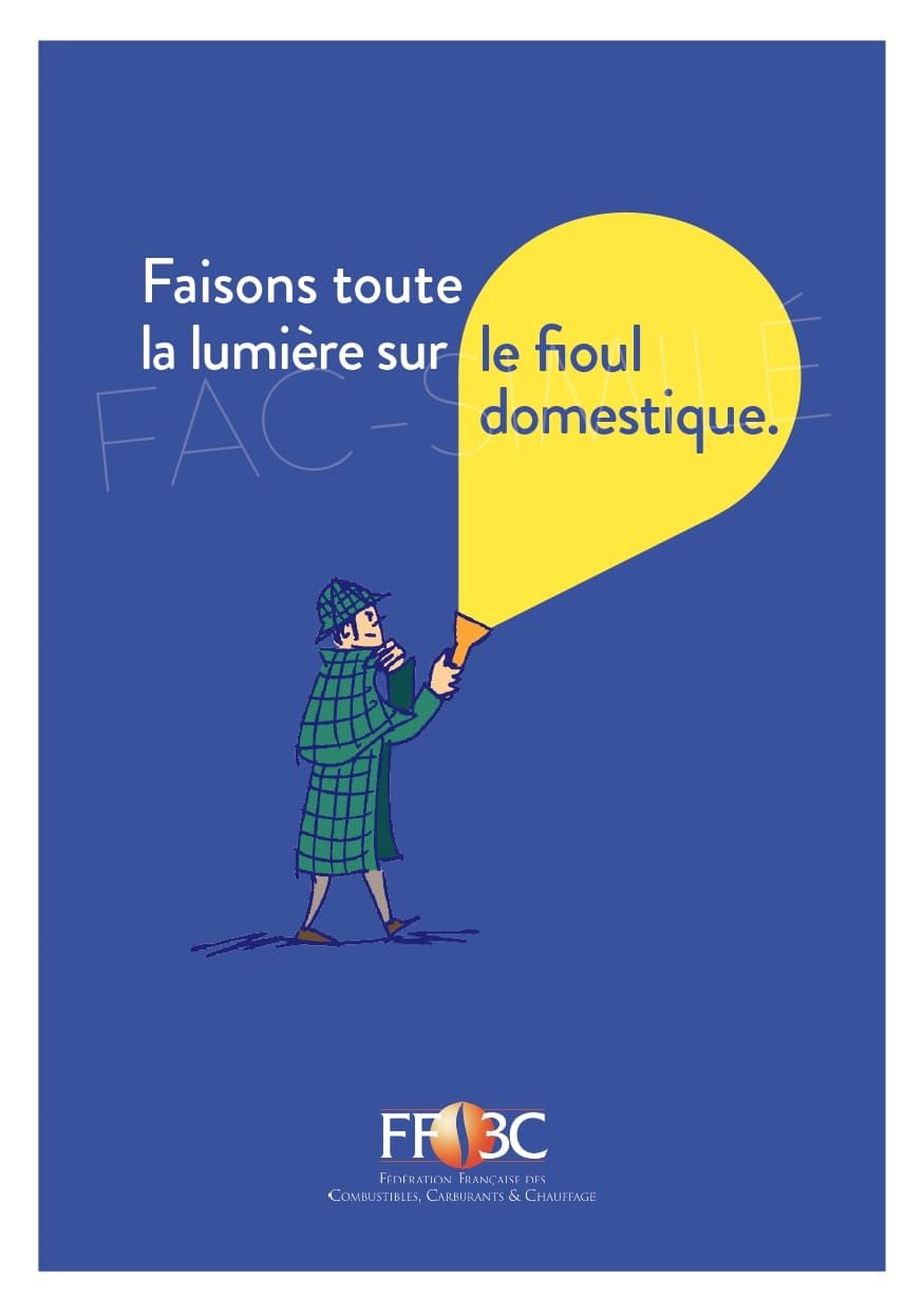 Un détective de dessin animé, muni d'une lampe torche, projette un faisceau de lumière jaune sur le texte le fioul domestique sur fond bleu.