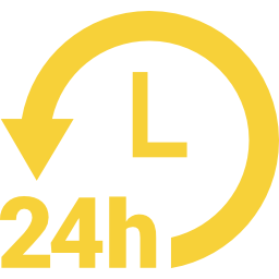 Une icône jaune comportant la lettre L, une flèche circulaire et le texte 24h pour représenter un service ou une disponibilité 24 heures sur 24.