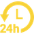 Une icône jaune comportant la lettre L, une flèche circulaire et le texte 24h pour représenter un service ou une disponibilité 24 heures sur 24.