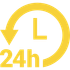 Icône jaune montrant une flèche circulaire dans le sens horaire autour de la lettre L et du texte 24h, représentant un service 24 heures sur 24.