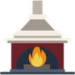 Une cheminée rouge, surmontée d'un chapeau gris et d'une flamme jaune orangée qui brûle à l'intérieur.