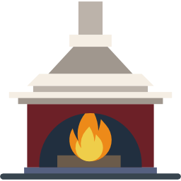 Une cheminée rouge, surmontée d'un chapeau gris et d'une flamme jaune orangée qui brûle à l'intérieur.
