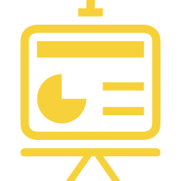 Une icône jaune représentant un tableau de présentation avec un diagramme circulaire et du texte à puces.
