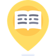 Une icône d'épingle de localisation jaune sur une carte, contenant un symbole de livre ouvert blanc avec des lignes gris foncé sur ses pages.