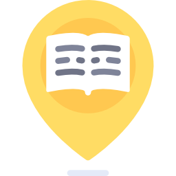 Une icône d'épingle de localisation jaune sur une carte, contenant un symbole de livre ouvert blanc avec des lignes gris foncé sur ses pages.