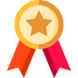 Une médaille d'or avec une étoile au centre et deux rubans, un orange et un rouge, qui pendent.