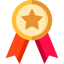 Une médaille d'or avec une étoile au centre et deux rubans, un orange et un rouge, qui pendent.