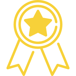 Un badge circulaire jaune avec une étoile au centre et deux rubans pendant en dessous.