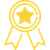 Un badge circulaire jaune avec une étoile au centre et deux rubans pendant en dessous.