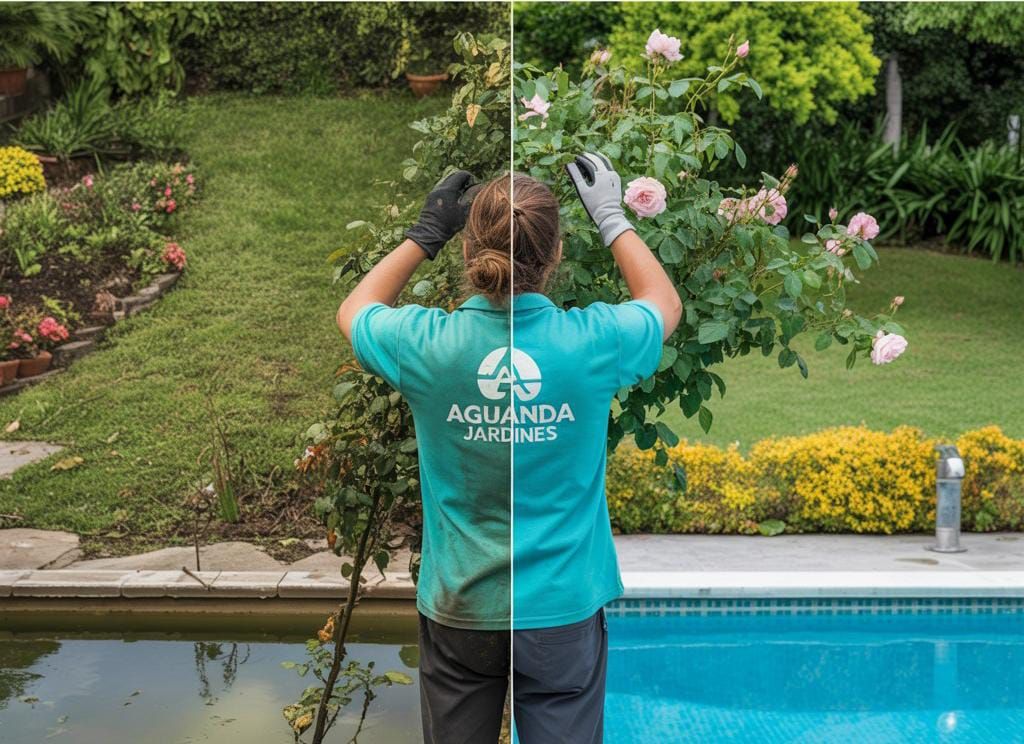 Jardinero podando rosales cerca de una piscina; camisa verde azulado, guantes.