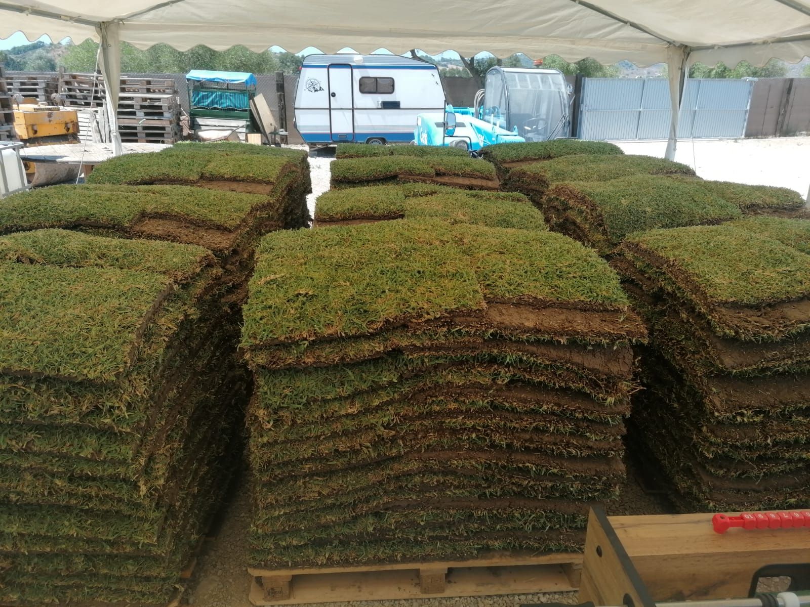Montones de césped, hierba verde y tierra marrón, debajo de una tienda de campaña, con un remolque y paletas al fondo.