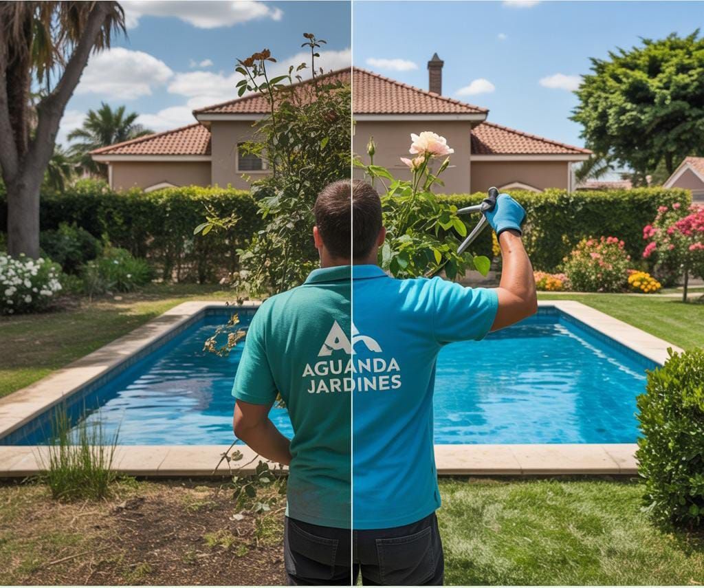 Hombre con camisa turquesa con logo, trabajando en una piscina en un patio con una casa al fondo.