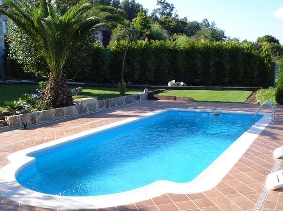 Piscina rectangular de agua azul, rodeada de ladrillo marrón, palmeras y césped verde.