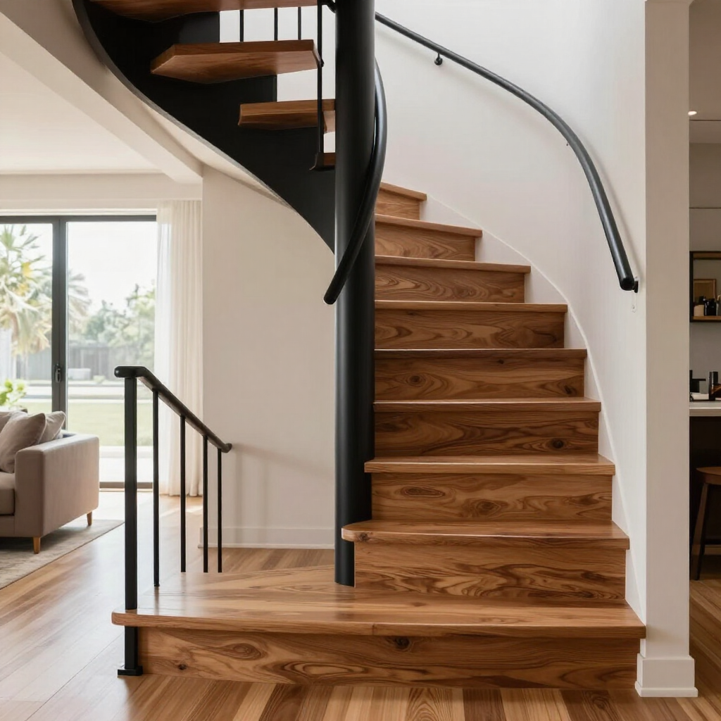 Escalera de madera en un taller, rodeada de bancos de trabajo y herramientas de carpintería.