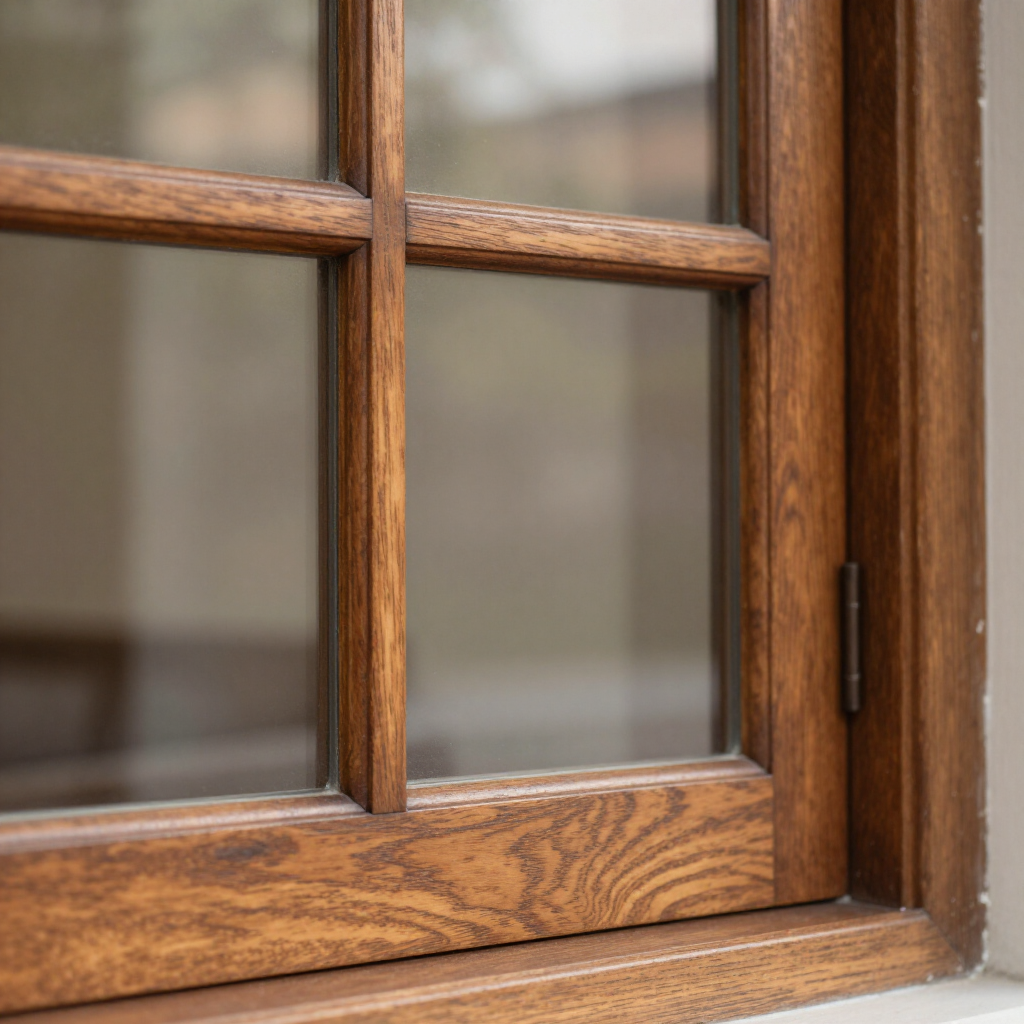 Primer plano de una ventana con marco de madera, cuatro cristales y una bisagra metálica.