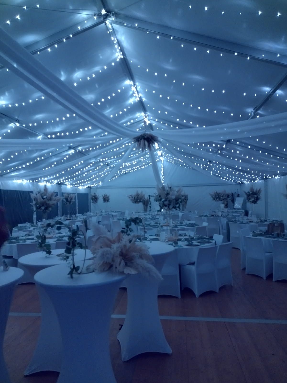 Vue de loin sur une tente de réception et d'une maison