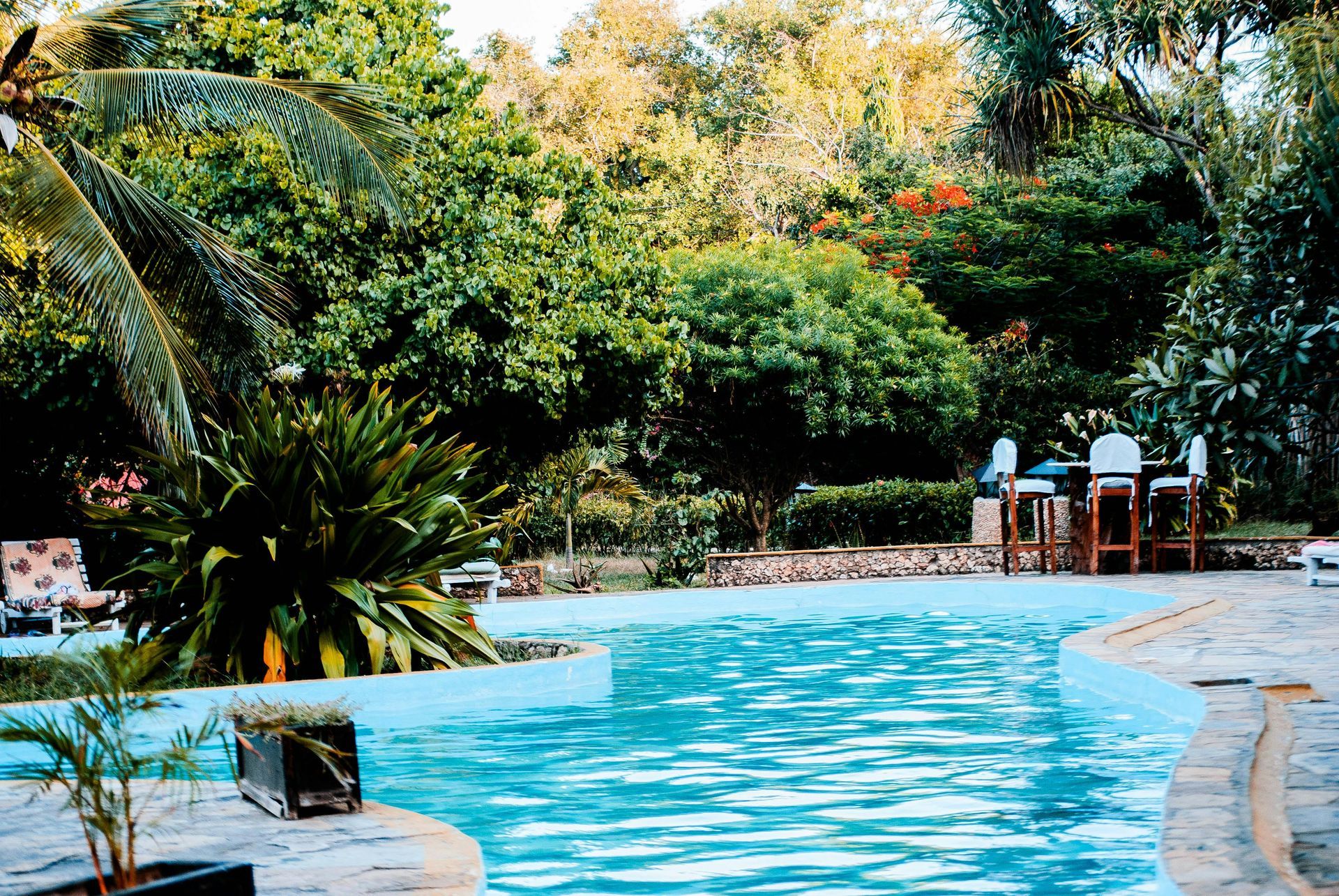 Una gran piscina rodeada de árboles y sillas.