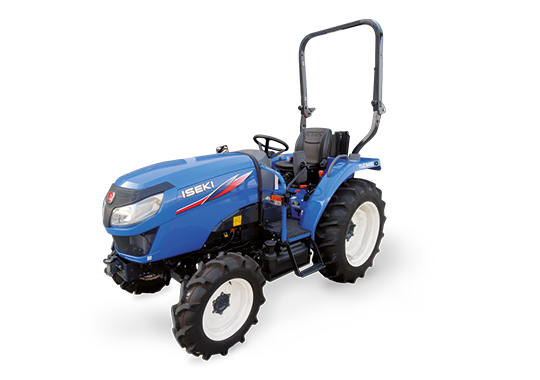 Tracteur bleu avec roues blanches et arceau de sécurité.