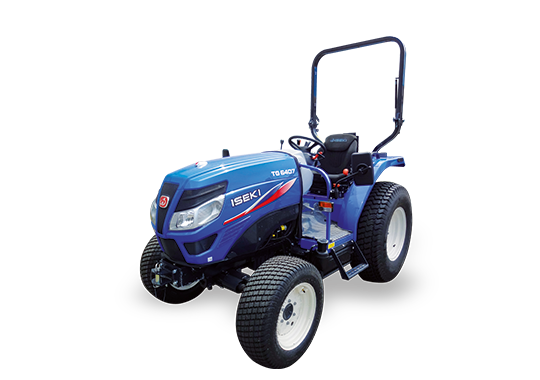 Tracteur bleu avec arceau de sécurité, pneus blancs, en studio.