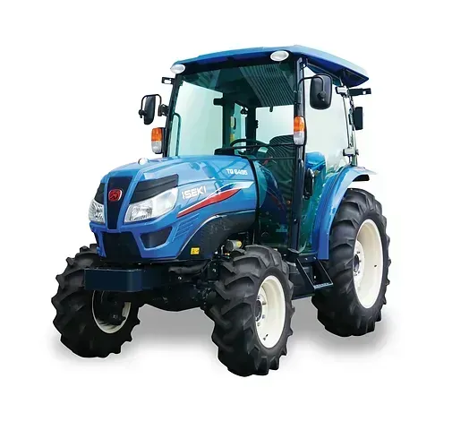 Tracteur bleu avec une cabine, sur fond blanc.