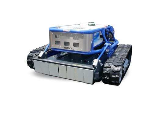 Robot à chenilles bleu et argent avec lames coupantes, pour l'entretien des sols.