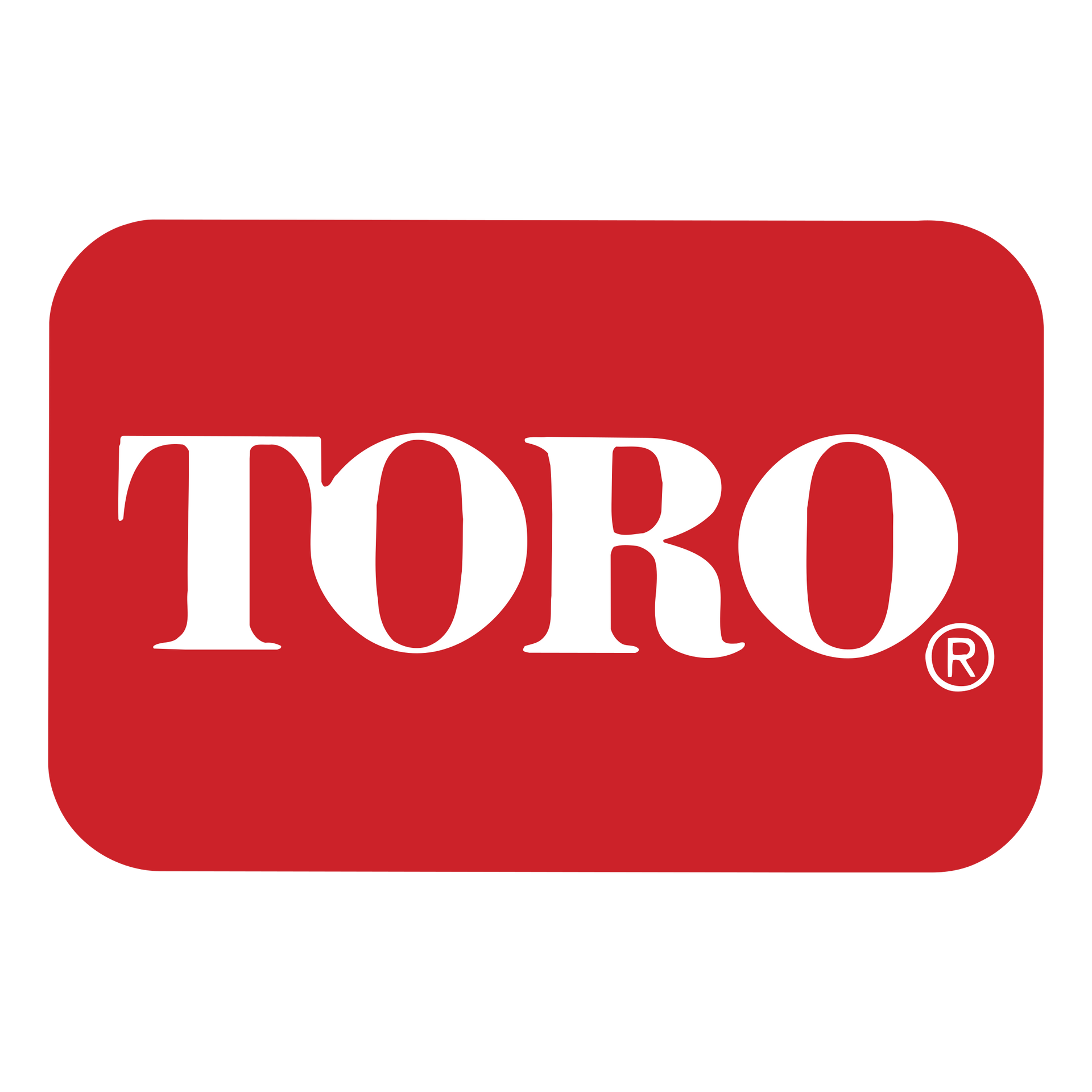 Logo rectangulaire rouge avec texte blanc « TORO » et un symbole de marque déposée.