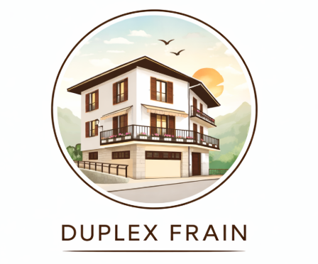 Ilustraci&oacute;n de un d&uacute;plex blanco con balcones dispuestos en un marco circular; una c&aacute;lida puesta de sol.