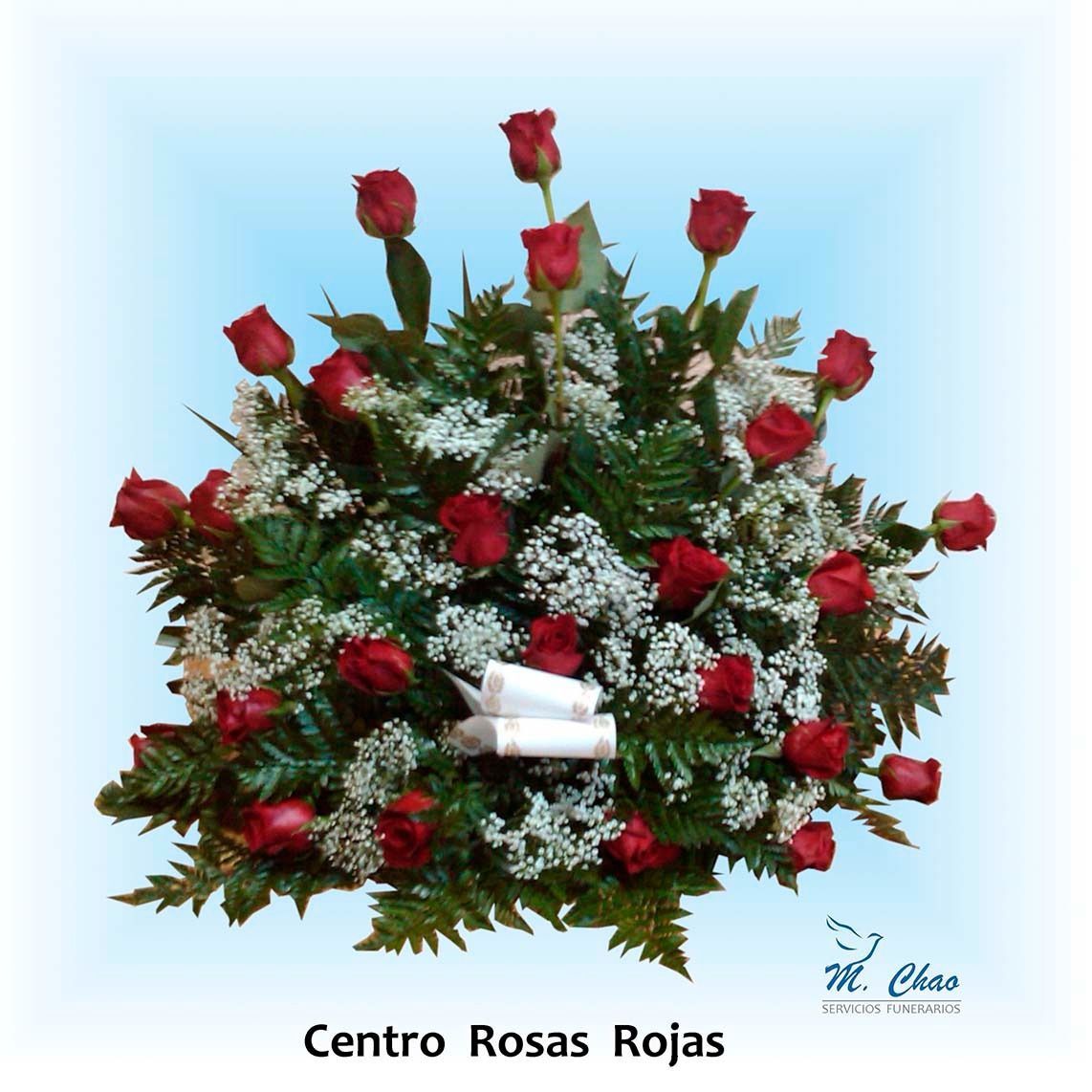 Un ramo de rosas rojas y blancas con centro rosas rojas escrito en la parte inferior.