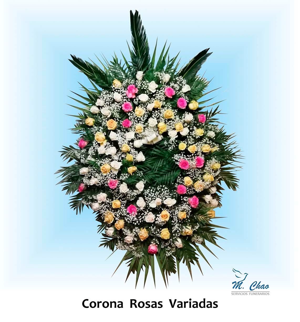 Una corona de flores con las palabras corona rosas variadas debajo.