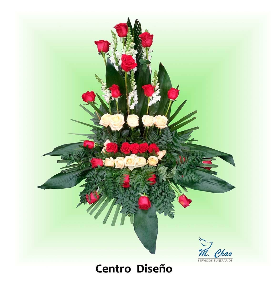 Un ramo de rosas rojas y blancas con centro diseño escrito en la parte inferior.