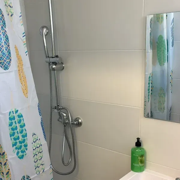 Pequeña ducha alicatada con cabezal cromado, cortina estampada, espejo y dispensador de jabón verde.