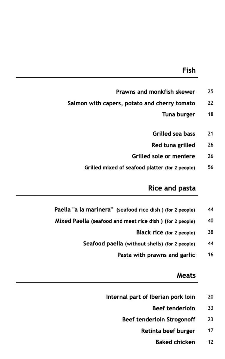 Un menú para un restaurante con una lista de precios sobre un fondo blanco.