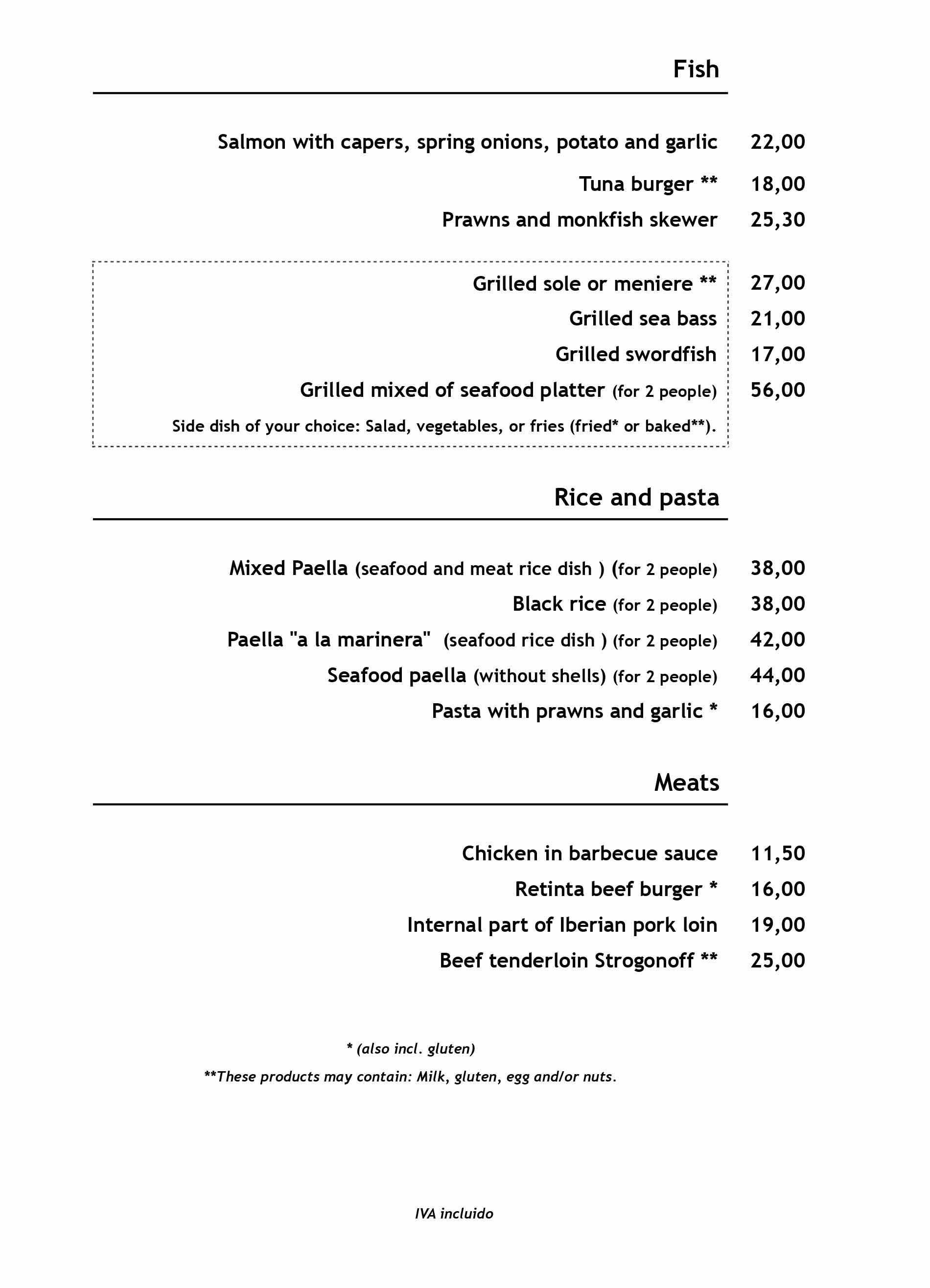 Un menú para un restaurante con una lista de precios sobre un fondo blanco.