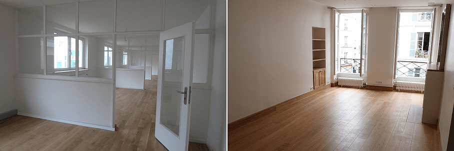 Photo double avec à gauche porte et baie vitrée d'intérieur et à droite 2 fenêtres en bois