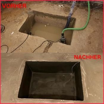 Ein Vorher-Nachher-Bild eines mit Wasser gefüllten Lochs im Boden.