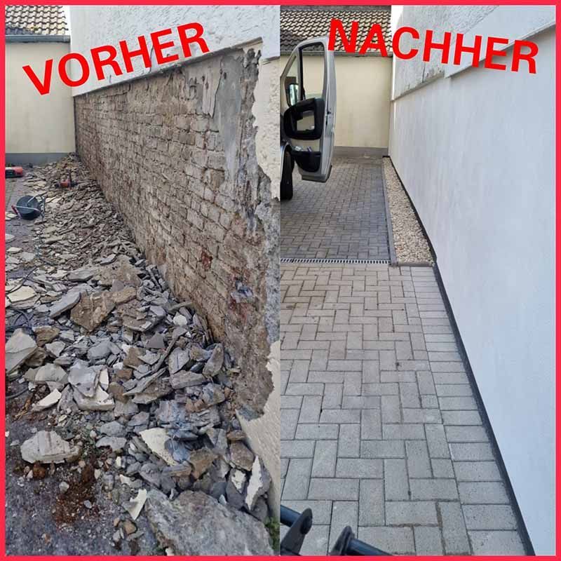 Ein Vorher-Nachher-Foto einer Ziegelmauer und eines Ziegelwegs