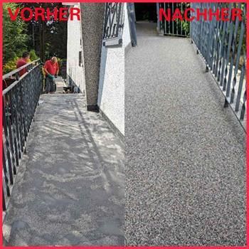 Ein Vorher-Nachher-Bild eines Gehwegs mit Zaun.