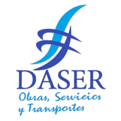 Logo for DASER: blue abstract design above the word "DASER" and "Obras, Servicios y Transportes" in blue.