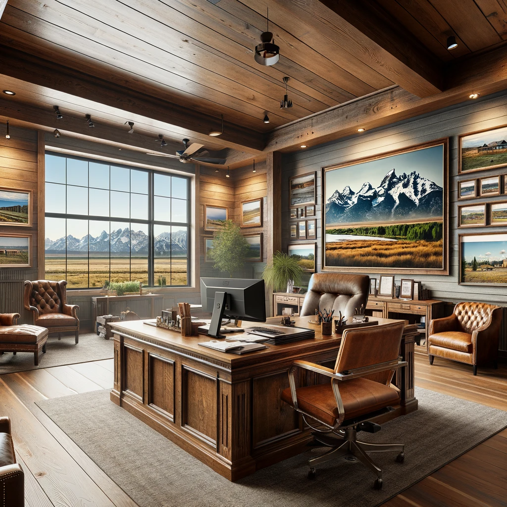 Rustic yet modern office of a Wyoming property management company, featuring wooden panels, scenic Wyoming landscapes, a sturdy wooden desk with a computer, and leather seating area, overlooking picturesque mountains and fields, embodying a blend of professionalism and Wyoming charm.