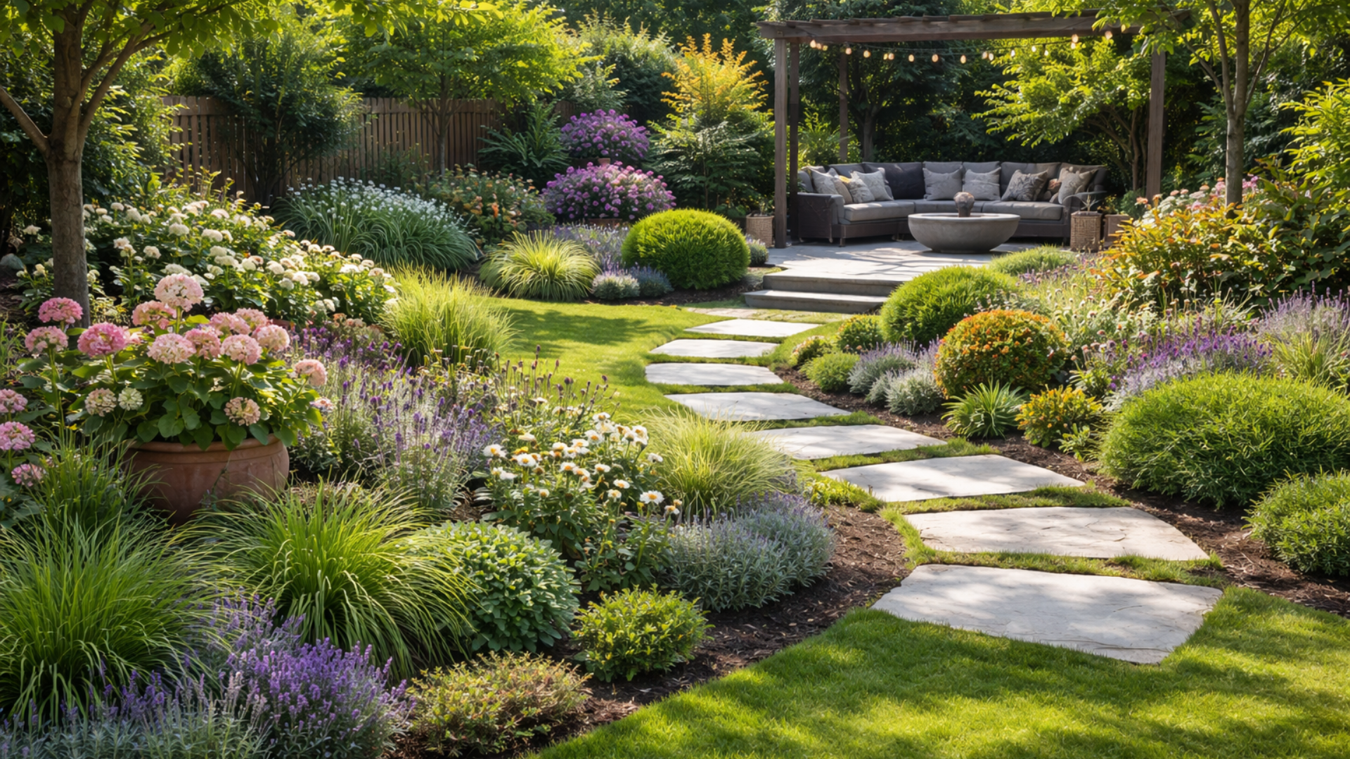 Un chemin de pierre traverse un jardin luxuriant aux plantes variées et mène à un coin salon sous une pergola.