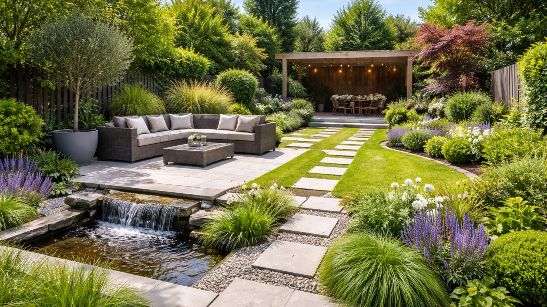 Jardin luxuriant avec cascade, chemin de pierre, coin salon, espace repas et plantes variées.