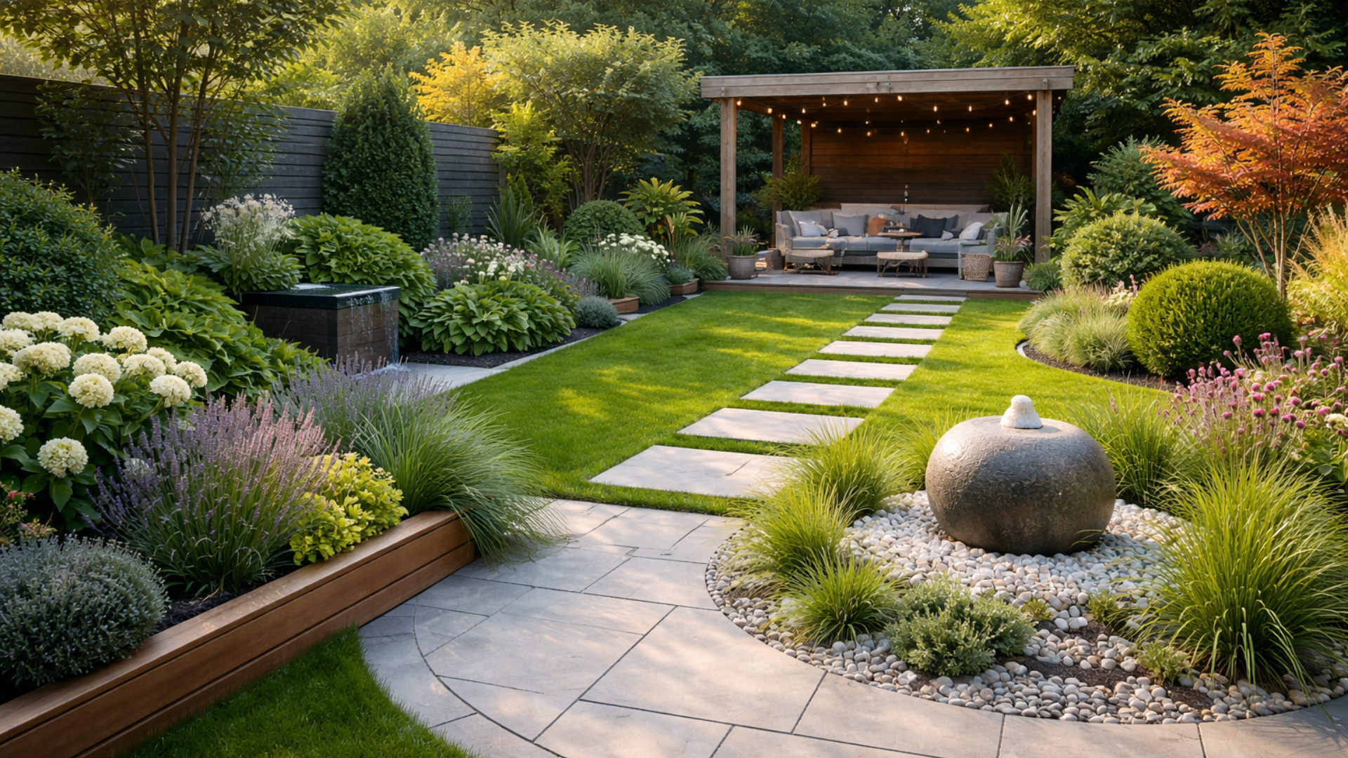 Des arbustes taillés avec soin et un coin salon sous une pergola.