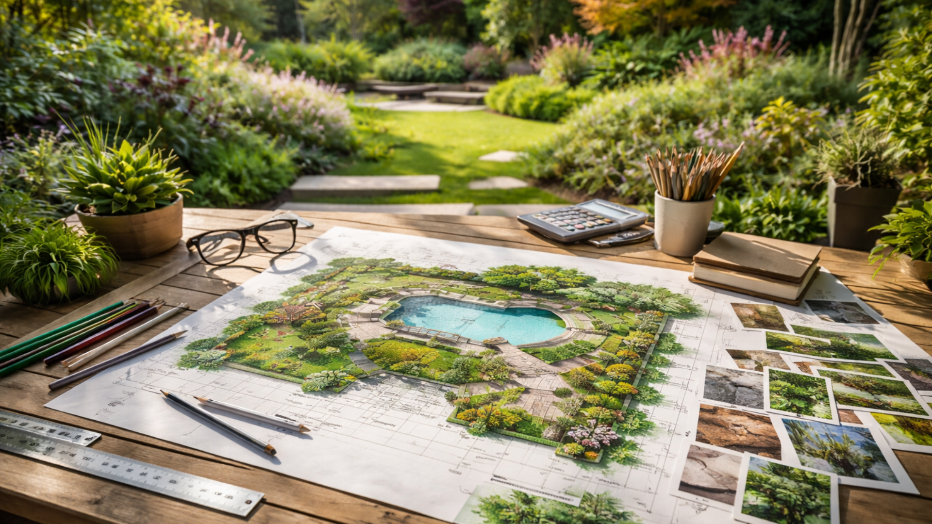 Plan d'aménagement paysager avec un étang, entouré de photos, d'outils de dessin et d'un décor de jardin.
