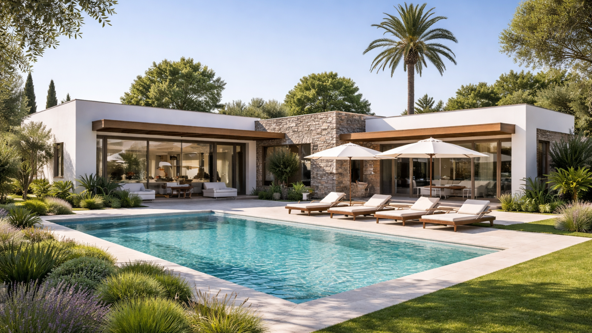 Maison moderne avec piscine, chaises longues et palmier par une journée ensoleillée.