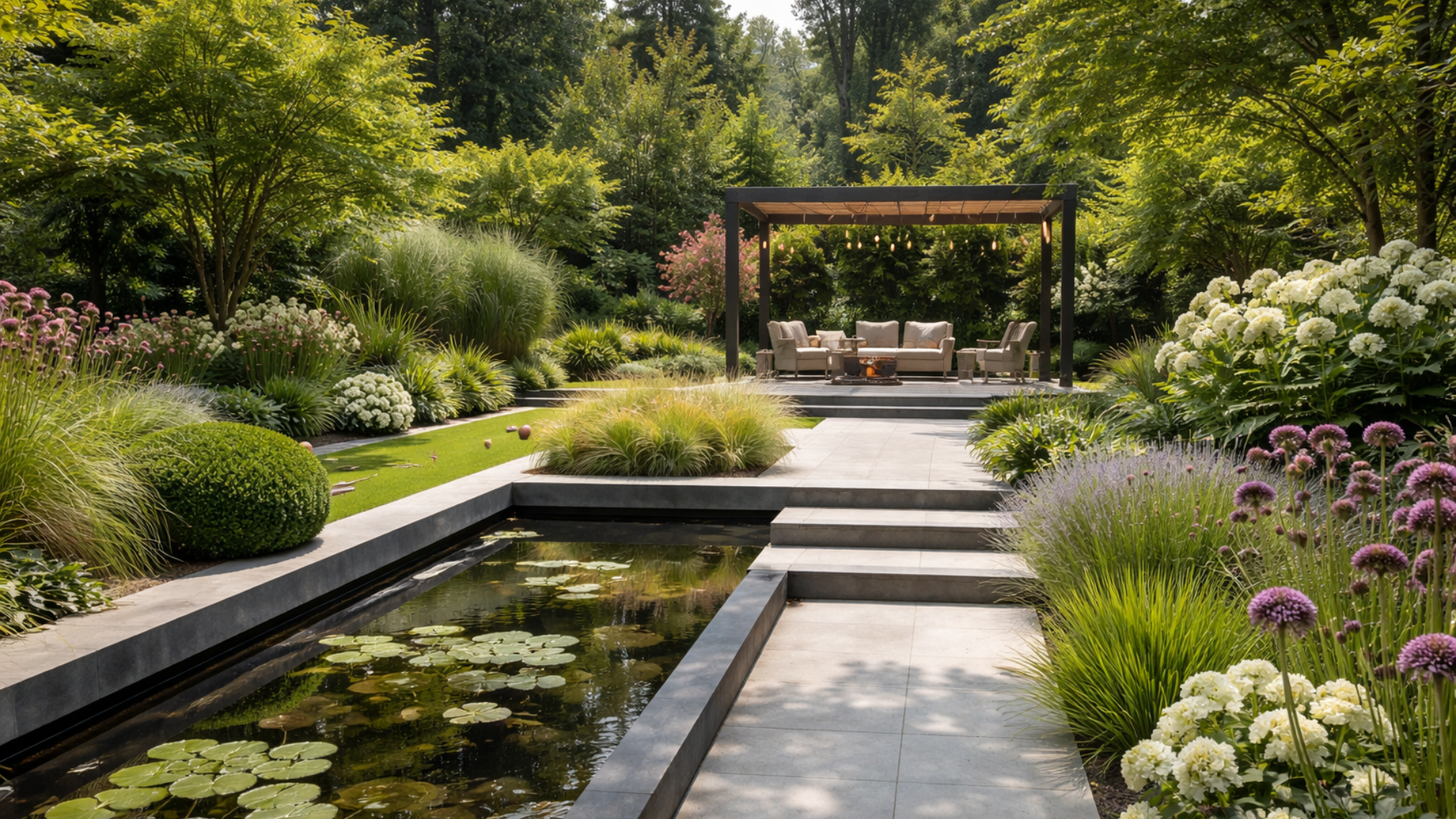 Jardin luxuriant avec bassin rectangulaire et chemin de pierre menant à un coin salon sous une pergola.