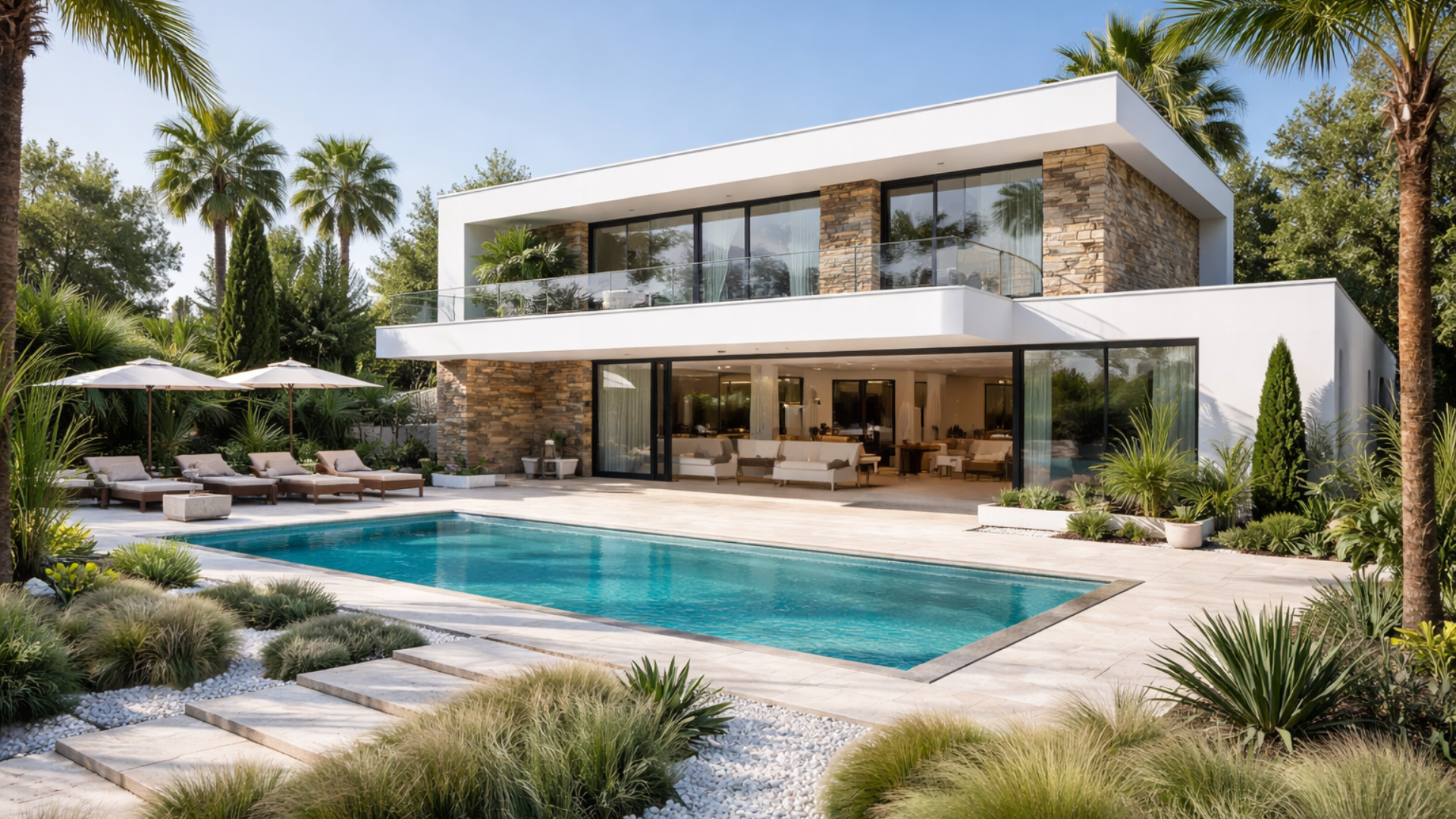 Villa moderne avec piscine, éléments en pierre et grandes portes vitrées, entourée de palmiers.