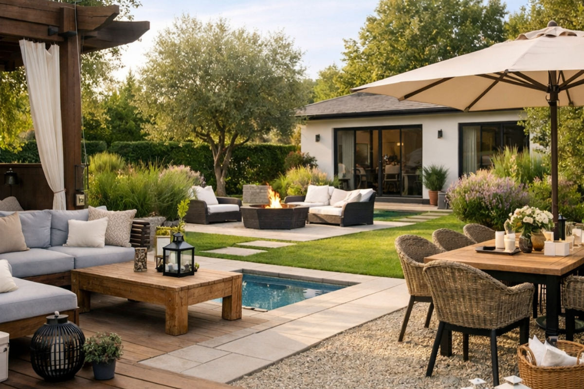 Terrasse extérieure avec espaces de détente, foyer, petite piscine et table à manger.