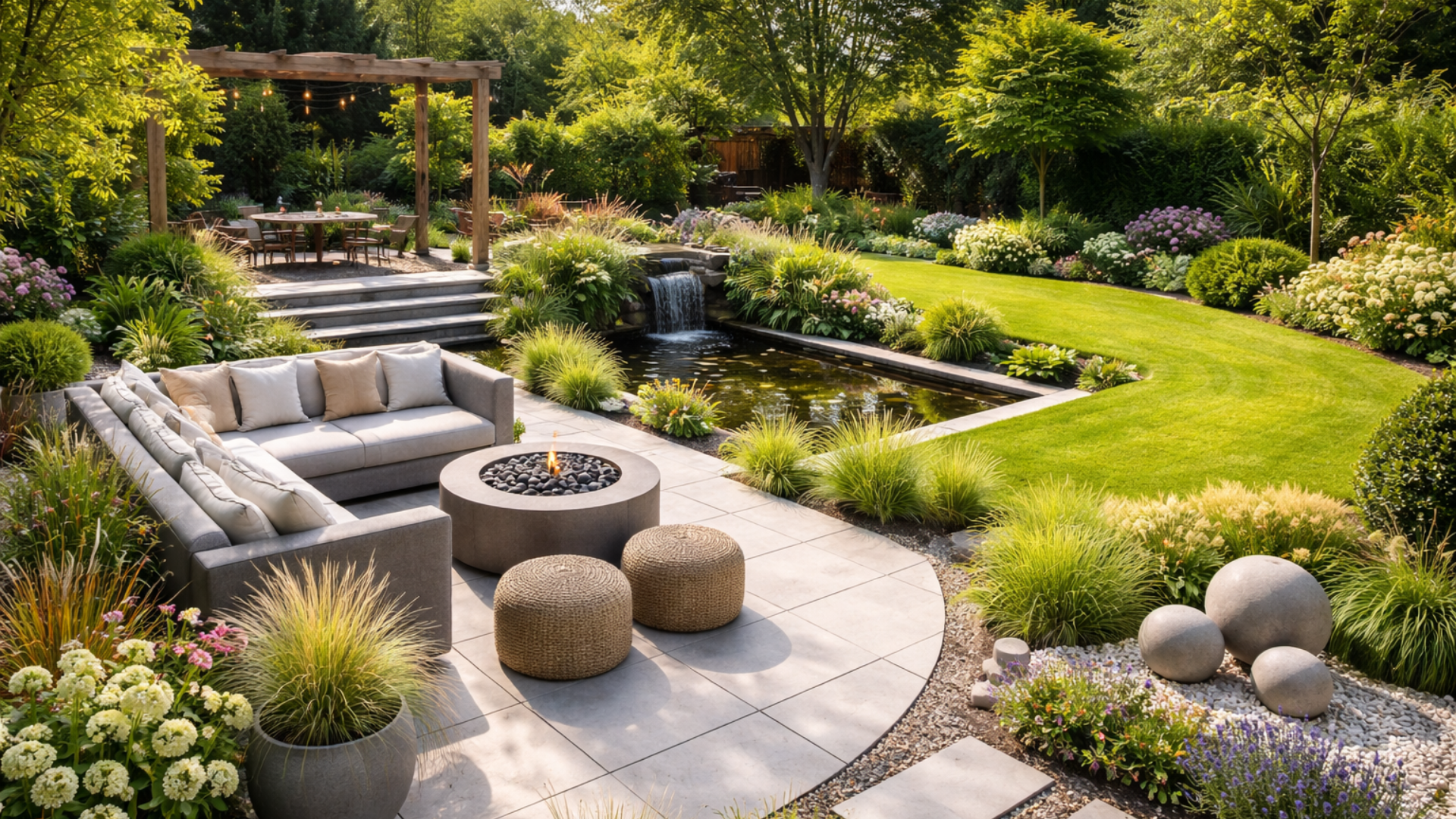 Jardin luxuriant avec terrasse, sièges, foyer, étang, cascade et coin repas couvert par une pergola.