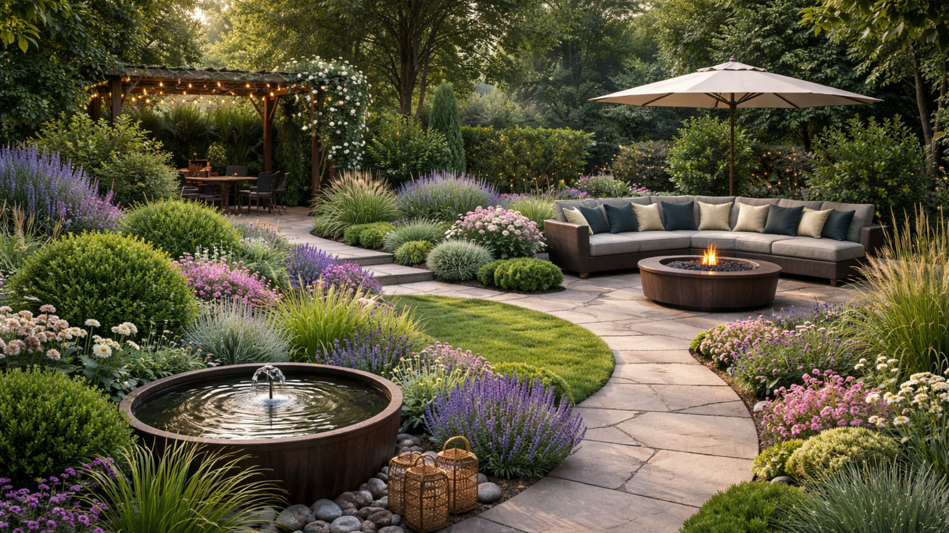 Un chemin de pierre serpente à travers un jardin luxuriant agrémenté d'un point d'eau, d'un foyer et de bancs. 