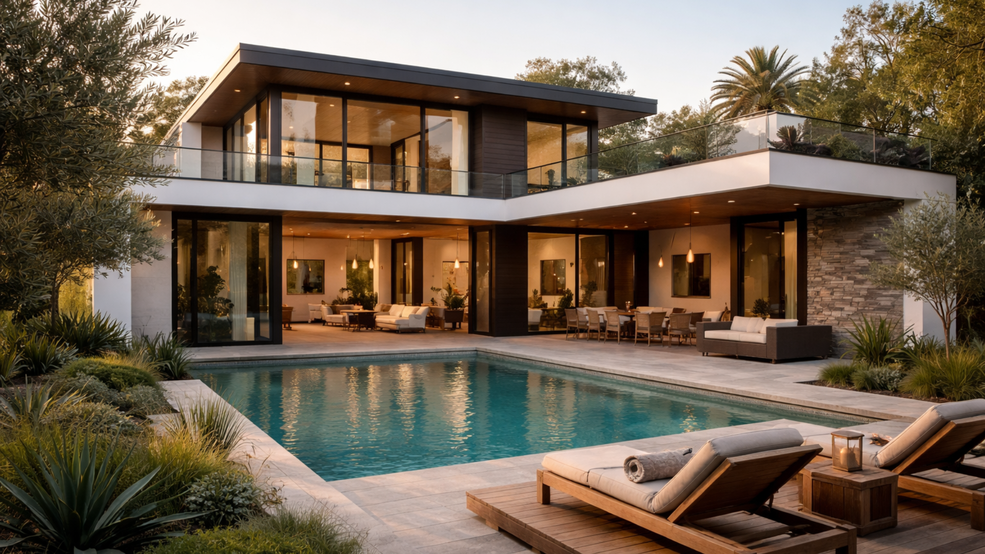 Maison moderne à deux étages avec piscine, terrasse et mobilier de jardin, entourée d'une végétation luxuriante et d'arbres.